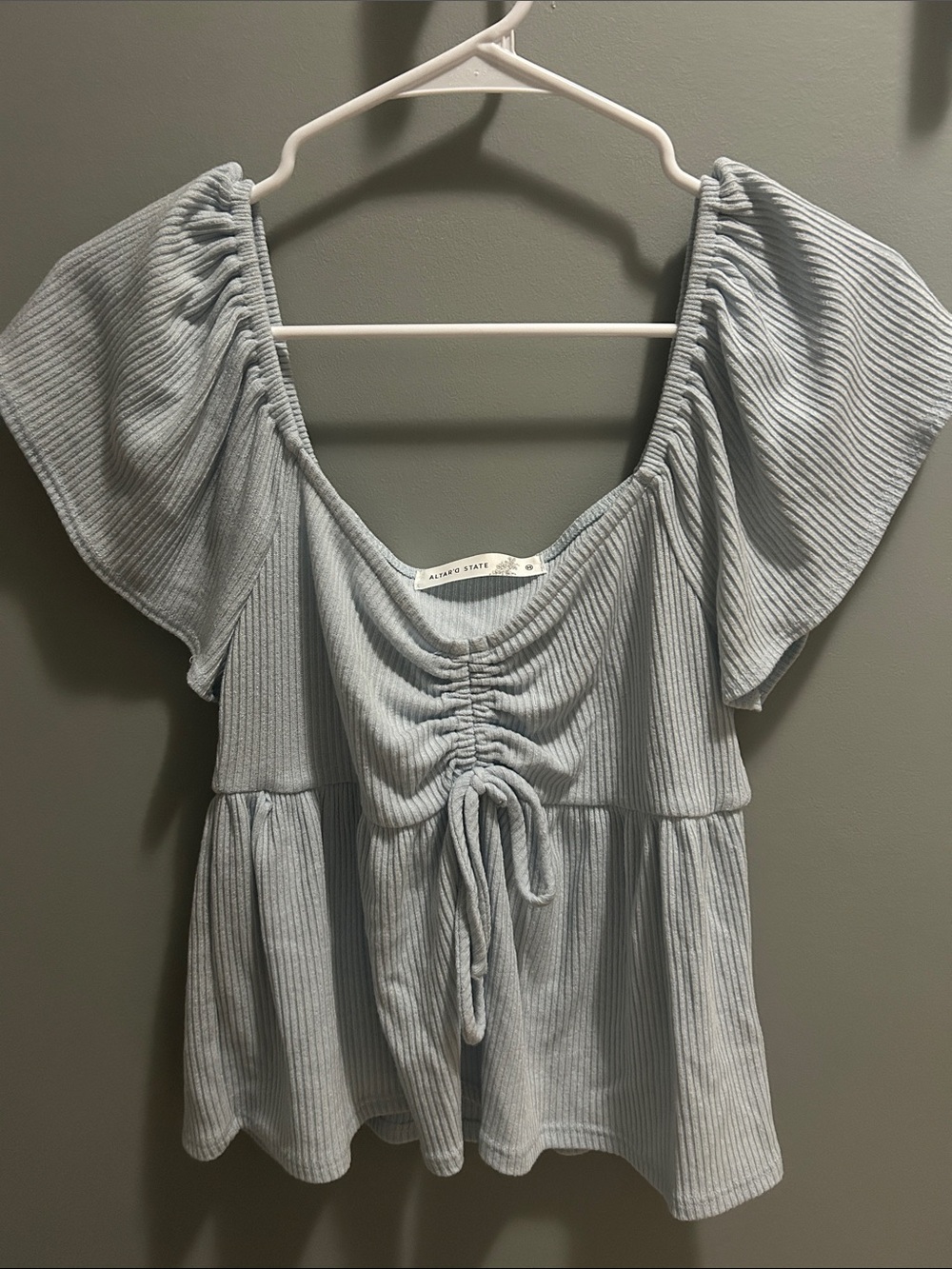 Altar'd State Light Blue Ribbed Drawstring Peplum Top